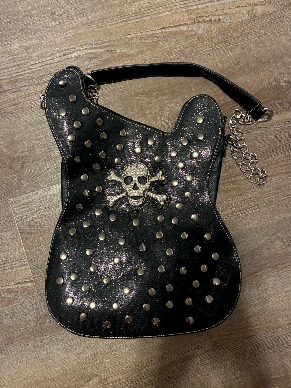 Goth Sparkly Skull Guitar shaped cross body hand bag
